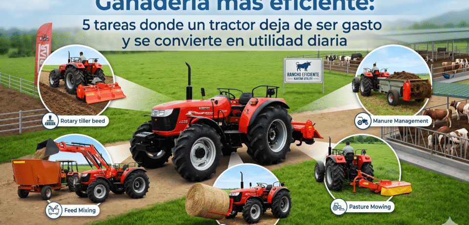 Infografía para blog que muestra un tractor rojo marca Kartar en una finca ganadera, rodeado de cinco círculos que ilustran tareas eficientes del campo: preparación de suelo con rotocultivador, mezcla de alimento, manejo de pacas de heno, corte de pasto y gestión de estiércol.