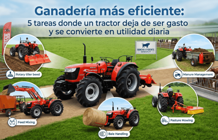 ganaderia-eficiente-tareas-tractor-kartar Infografía para blog que muestra un tractor rojo marca Kartar en una finca ganadera, rodeado de cinco círculos que ilustran tareas eficientes del campo: preparación de suelo con rotocultivador, mezcla de alimento, manejo de pacas de heno, corte de pasto y gestión de estiércol.