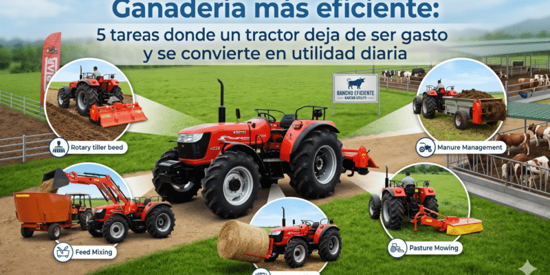 Infografía para blog que muestra un tractor rojo marca Kartar en una finca ganadera, rodeado de cinco círculos que ilustran tareas eficientes del campo: preparación de suelo con rotocultivador, mezcla de alimento, manejo de pacas de heno, corte de pasto y gestión de estiércol.