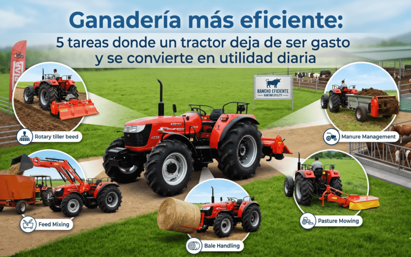 Infografía para blog que muestra un tractor rojo marca Kartar en una finca ganadera, rodeado de cinco círculos que ilustran tareas eficientes del campo: preparación de suelo con rotocultivador, mezcla de alimento, manejo de pacas de heno, corte de pasto y gestión de estiércol.