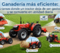 Infografía para blog que muestra un tractor rojo marca Kartar en una finca ganadera, rodeado de cinco círculos que ilustran tareas eficientes del campo: preparación de suelo con rotocultivador, mezcla de alimento, manejo de pacas de heno, corte de pasto y gestión de estiércol.